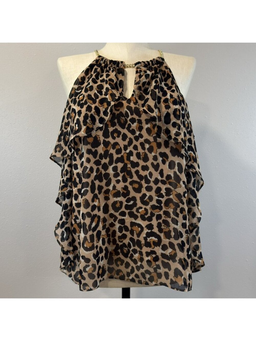 Thalia Sodi Chain Neck Tank Womens Sz XL Leopard Print Ruffle Chiffon Blouse NWT